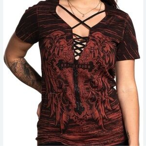 Affliction Sacred Hope Wings Bling Criss Cross shirt in red and black, size M